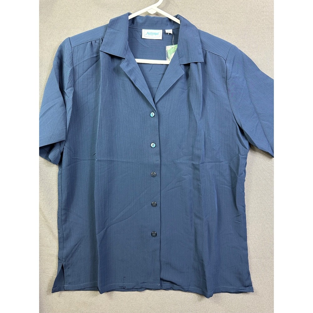 National Women Blue Short Sleeve Button Down Camp Shirt Textured 22970 M Medium